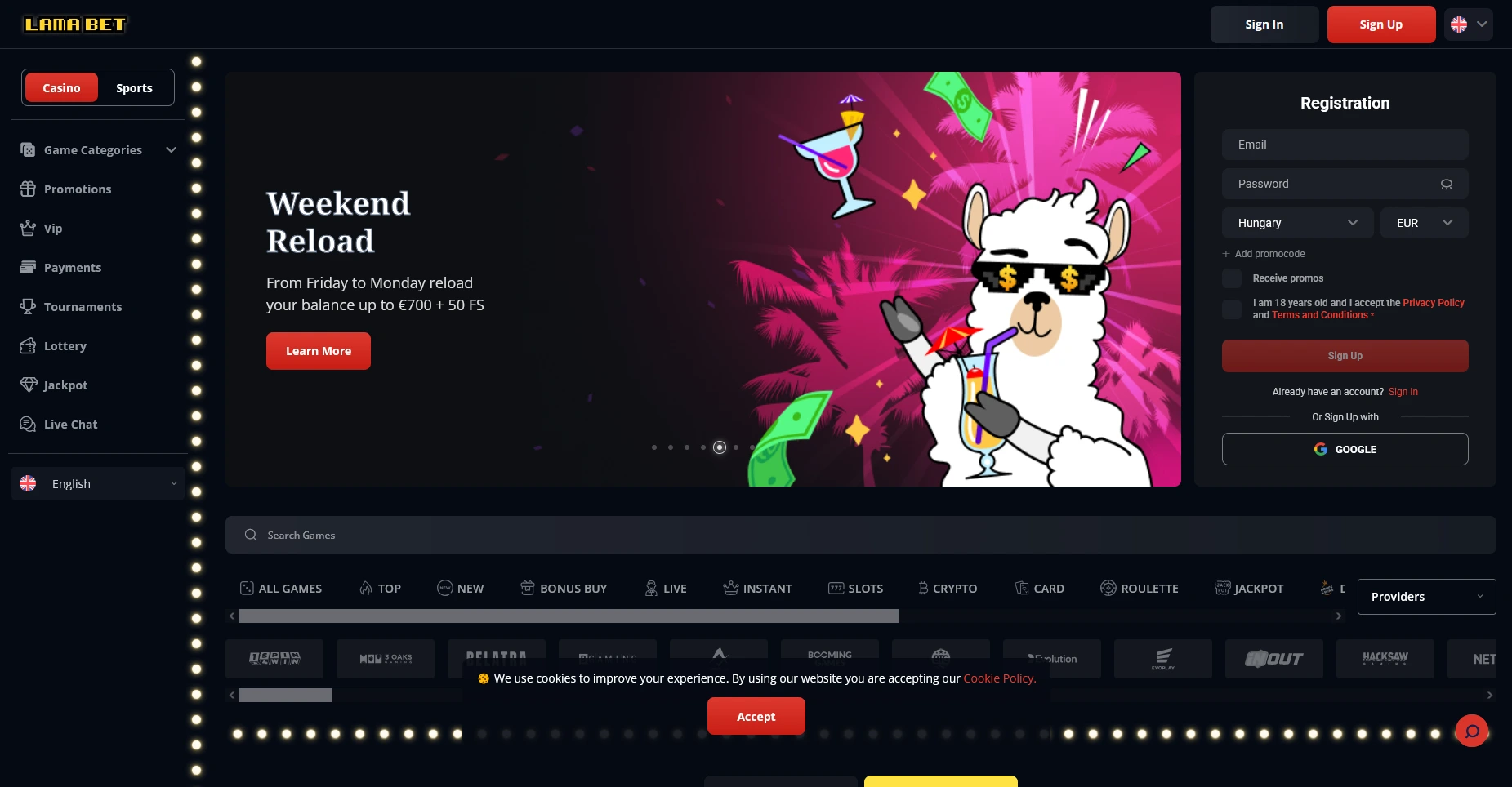 Lamabet online sportfogadási platform felhasználói felület