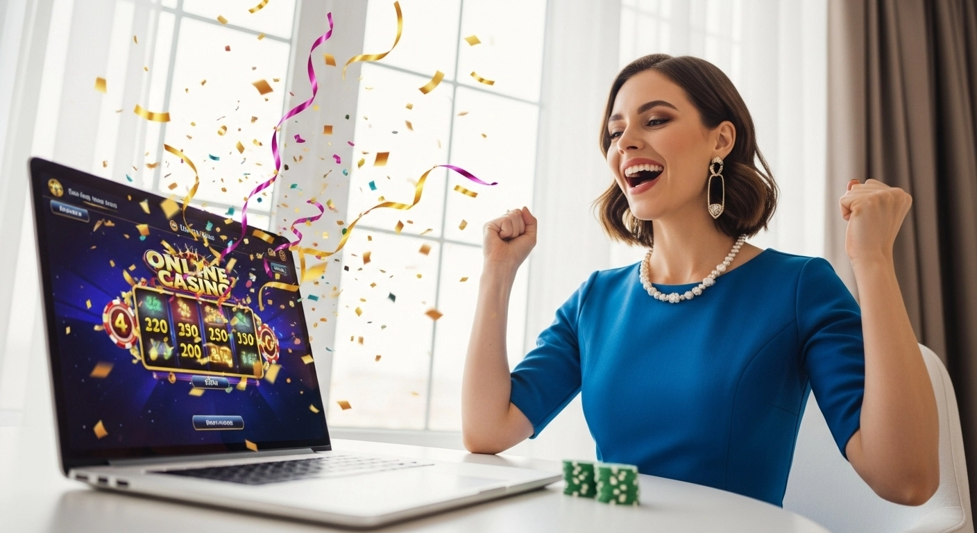 Győztes online casino játékos ünnepli nyereményét laptop előtt